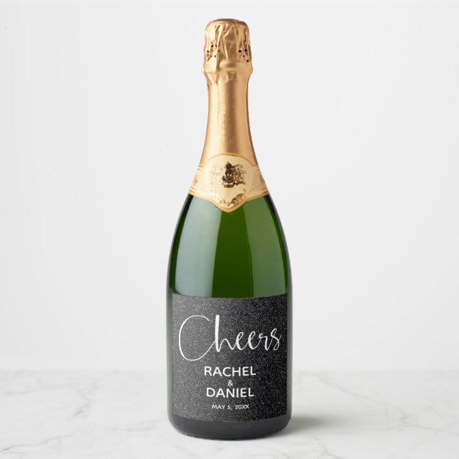 Cheers Faux BLACK GLITTER Wedding Sparkling Wine Label (Front)