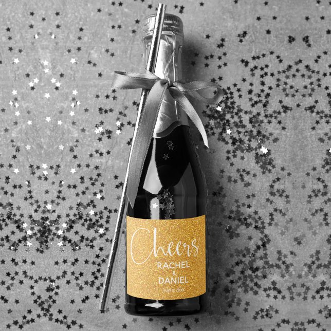 Cheers Faux GOLD GLITTER Wedding Mini Sparkling Wine Label (Cheers gold faux glitter mini sparkling wine labels personalized for your wedding)