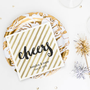 Cheers   Faux Gold Stripe Wedding Engagement Napkin