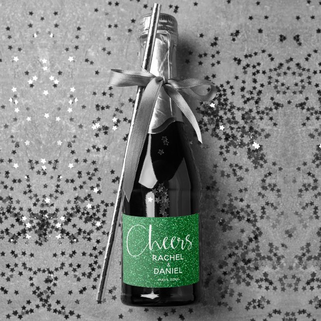 Cheers Faux GREEN GLITTER Wedding Mini Sparkling Wine Label (Cheers green faux glitter mini sparkling wine labels personalized for your wedding)