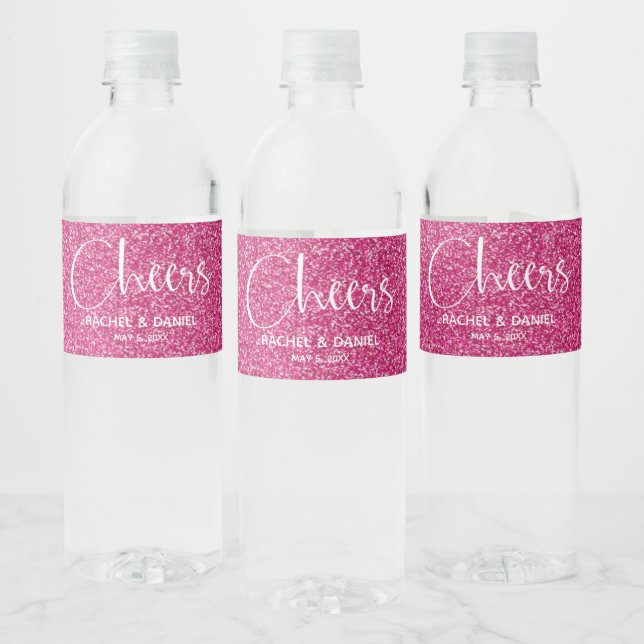 Cheers Faux HOT PINK GLITTER Wedding Water Bottle Label (Bottles)