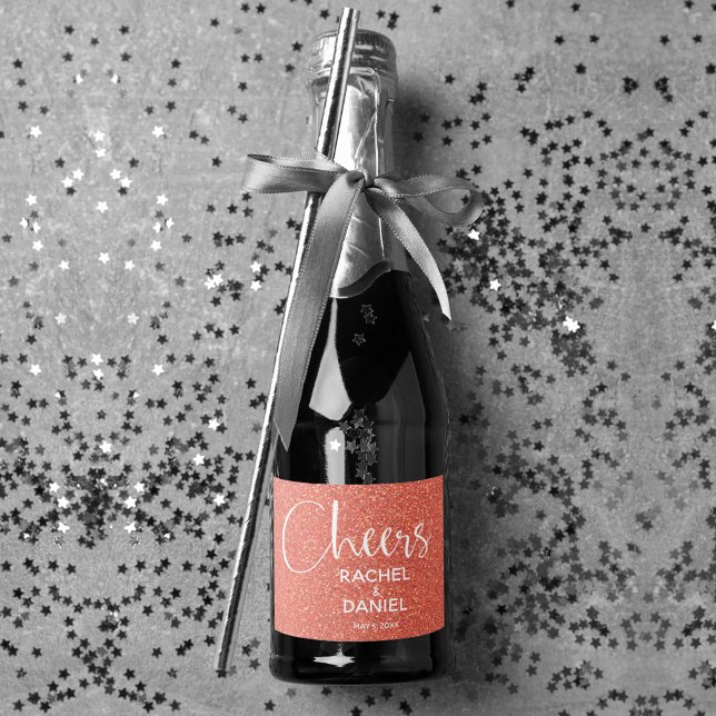 Cheers Faux ORANGE GLITTER Wedding Mini Sparkling Wine Label (Cheers orange faux glitter mini sparkling wine labels personalized for your wedding)