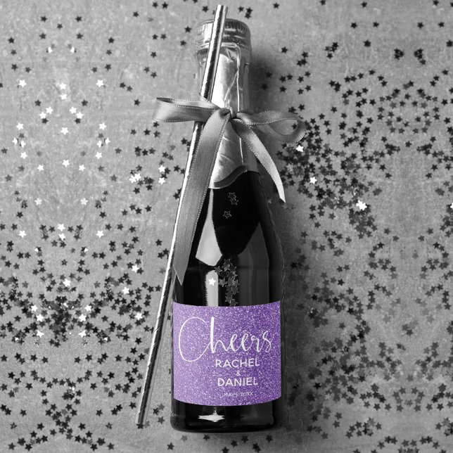 Cheers Faux PURPLE GLITTER Wedding Mini Sparkling Wine Label (Cheers purple faux glitter mini sparkling wine labels personalized for your wedding)