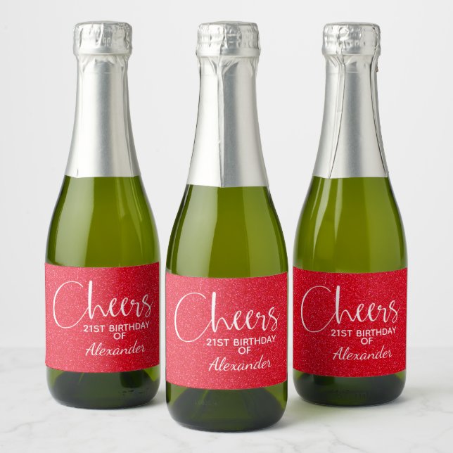 Cheers Faux Red GLITTER Birthday Mini Sparkling Wine Label (Bottles)