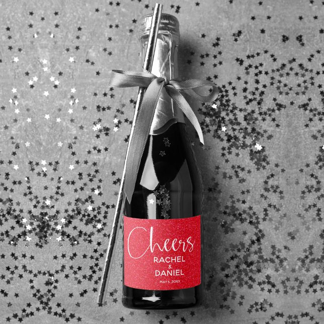 Cheers Faux Red Glitter Wedding Mini Sparkling Wine Label (Cheers red faux glitter mini sparkling wine labels personalized for your wedding)