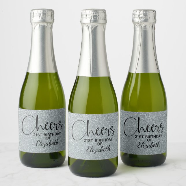 Cheers Faux Silver GLITTER Birthday Mini Sparkling Wine Label (Bottles)