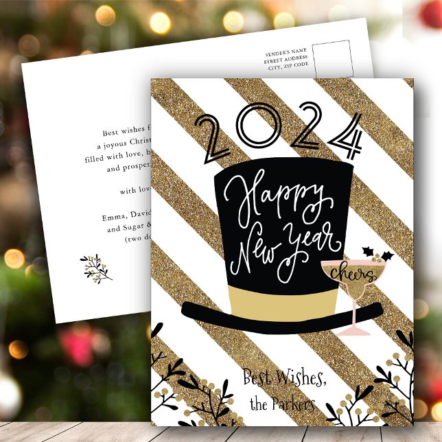 Cheers | Festive Gold Stripe Happy New Year Holiday Postcard (Creator Uploaded)