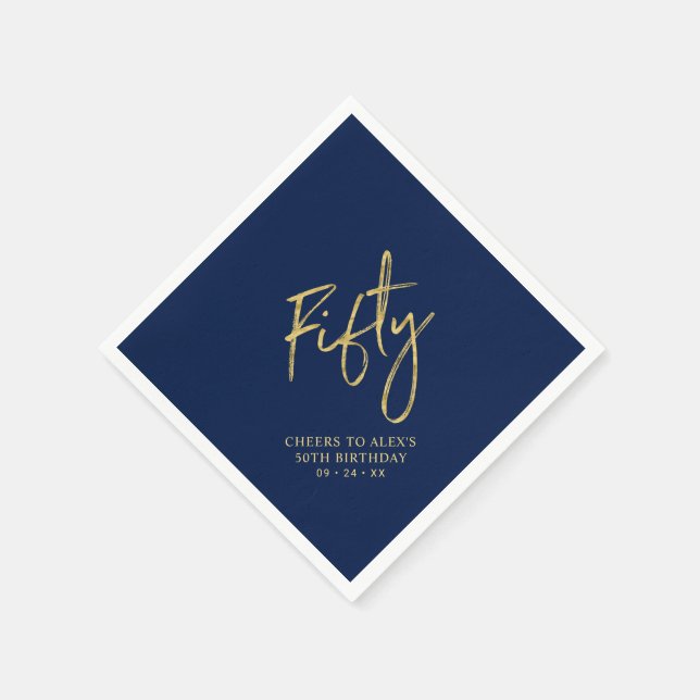 Cheers Fifty Modern Navy Blue 50th Birthday Party Napkin (Corner)