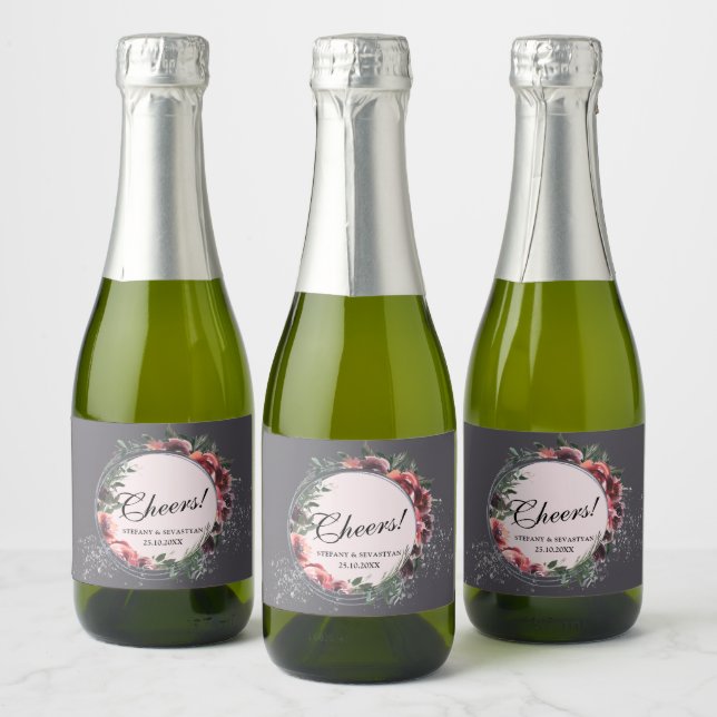 Cheers Floral Elegant Grey Sparkling Wine Label (Bottles)