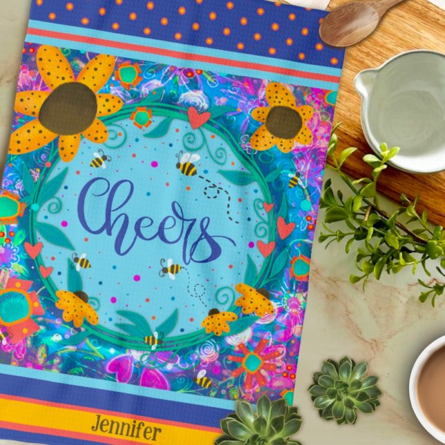 Cheers Floral Fun Bees Colourful Personalised Name Tea Towel (Creator Uploaded)
