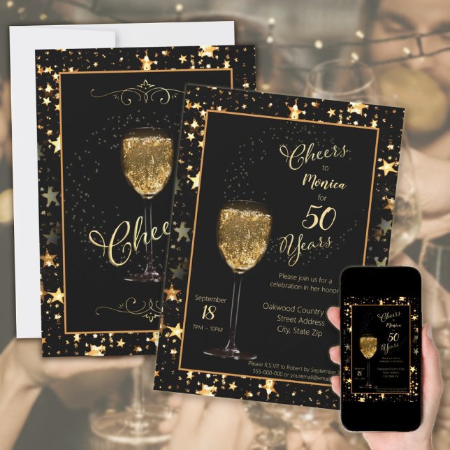 Cheers for 50 Years Black & Gold Sparkle Birthday Invitation (Cheers for 50 Years Elegant Black & Gold Sparkle Birthday Invitation.
)