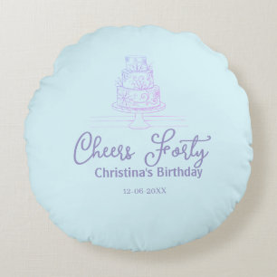 Cheers forty happy birthday cake blue purple name  round cushion