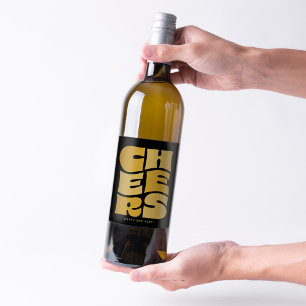 Cheers fun funky black gold retro New Year's Wine Label