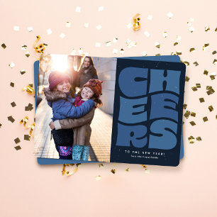 Cheers fun groovy retro navy blue New Year photo Holiday Card