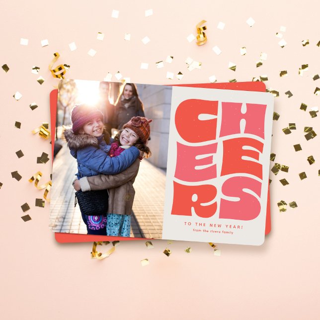 Cheers fun groovy retro pink red New Year photo Holiday Card (Creator Uploaded)