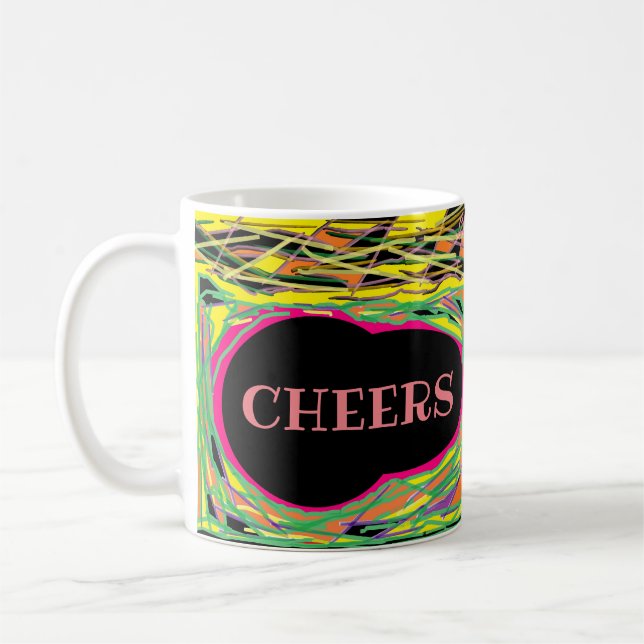 Cheers fun stripey wiggly design pastels drinking coffee mug (Left)