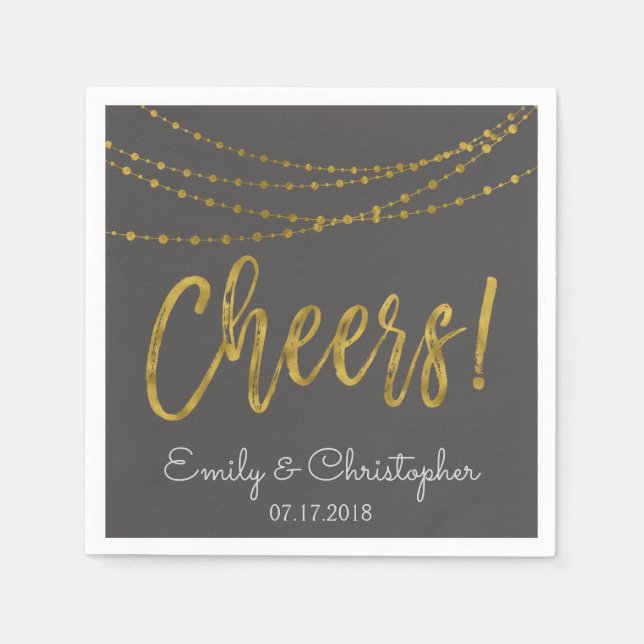 Cheers Gold Foil String Lights and Charcoal Grey Napkin (Front)