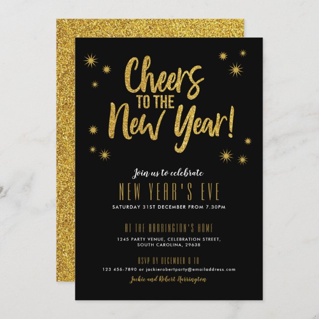Cheers Gold Glitter New Year Party invitation (Front/Back)
