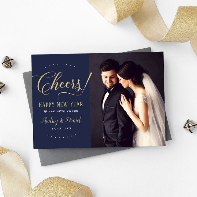Cheers Gold Navy Happy New Year Wedding Photo Holiday Card (Creator Uploaded)