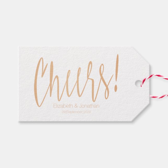 Cheers Gold Rose Calligraphy Wedding Favour Tag (Front (Horizontal))