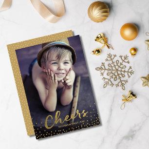 Cheers Gold Script Confetti Holiday Photo Cards