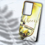 Cheers Golden Bokeh White Wine Glass Samsung Galaxy Case<br><div class="desc">This chic phone case design features a white wine glass and golden bokeh background. Personalise the text,  remove the text or edit using the design tool to select a font style,  size,  or colour you like.</div>