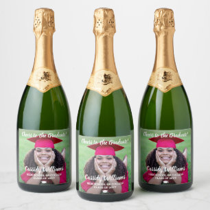 Cheers Graduation 1 Photo Elegant White Script Sparkling Wine Label
