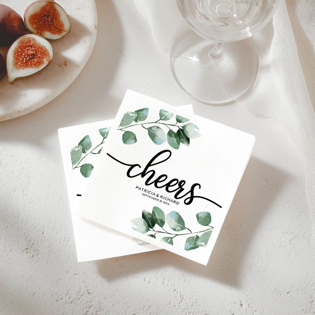 Cheers - Greenery Eucalyptus Calligraphy Wedding Napkin (Creator Uploaded)