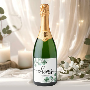 Cheers - Greenery Eucalyptus Calligraphy Wedding Sparkling Wine Label