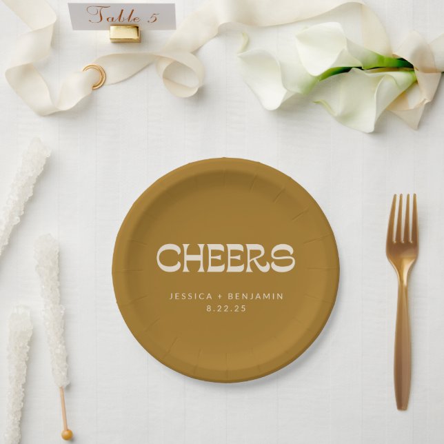 Cheers Groovy Gold Typography Names Wedding Custom Paper Plate (Wedding)