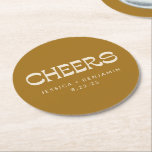 Cheers Groovy Gold Typography Names Wedding  Round Paper Coaster<br><div class="desc">Personalised Cheers Groovy Mustard Gold Typography Names Wedding Paper Coaster</div>