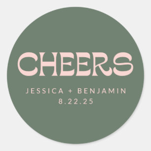Cheers Groovy Pink Green Custom Names Wedding Classic Round Sticker