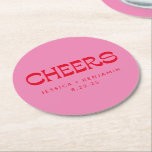 Cheers Groovy Pink Red Typography Names Wedding  Round Paper Coaster<br><div class="desc">Personalised Cheers Groovy Red and Pink Typography Names Wedding Paper Coaster</div>