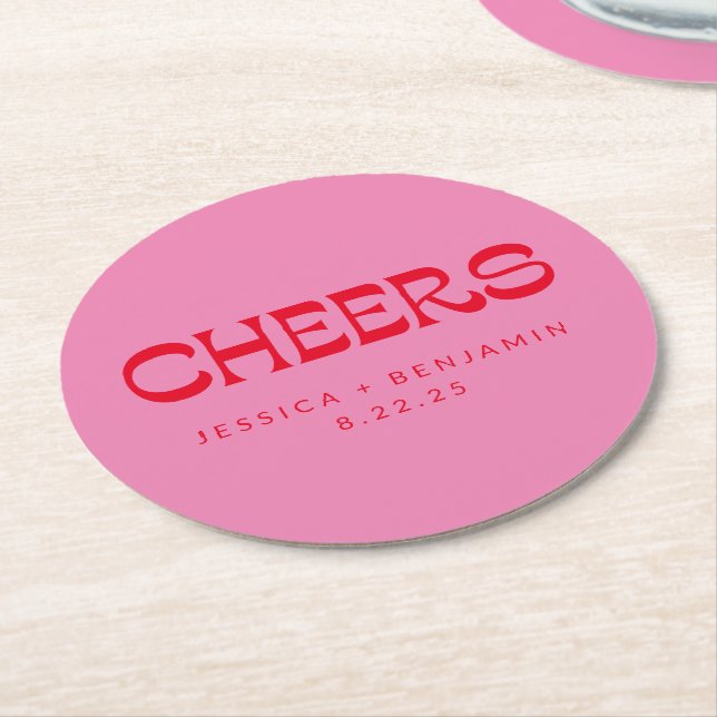 Cheers Groovy Pink Red Typography Names Wedding  Round Paper Coaster (Angled)