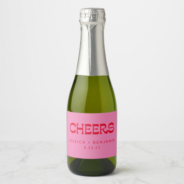 Cheers Groovy Pink Red Typography Names Wedding  Sparkling Wine Label (Front)