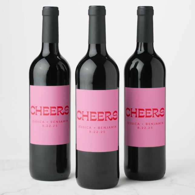 Cheers Groovy Pink Red Typography Names Wedding  Wine Label (Bottles)