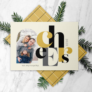 Cheers Happy Holidays Photo Black Gold Holiday Card