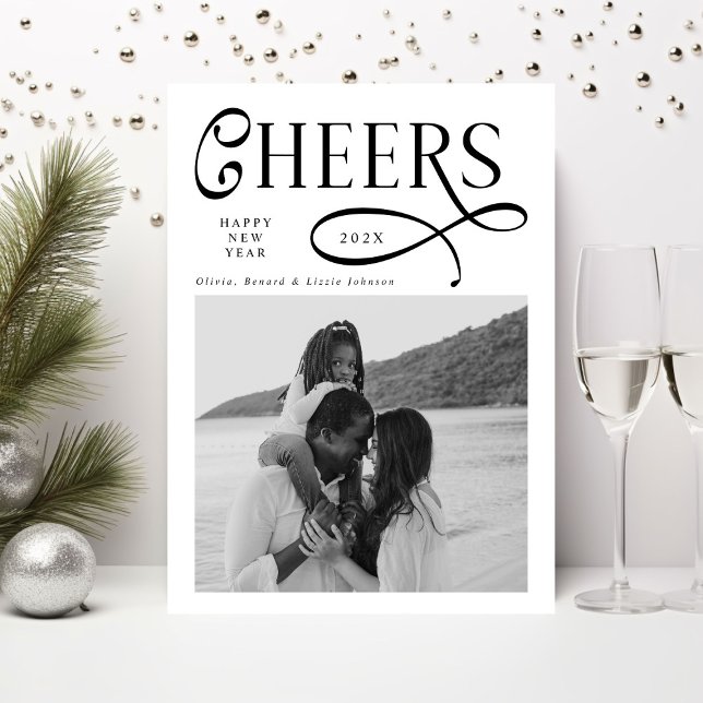 Cheers  Happy New Year Modern Chic Family 2 Photo Holiday Card (Creator Uploaded)