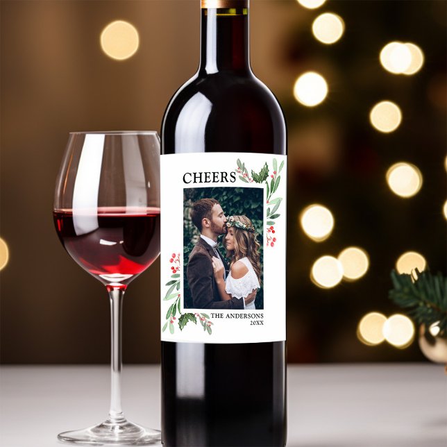 CHEERS | Holly Berry Christmas Holiday Photo Wine Label (Creator Uploaded)
