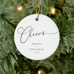 Cheers Minimal Black White Script Custom Wedding Ceramic Tree Decoration