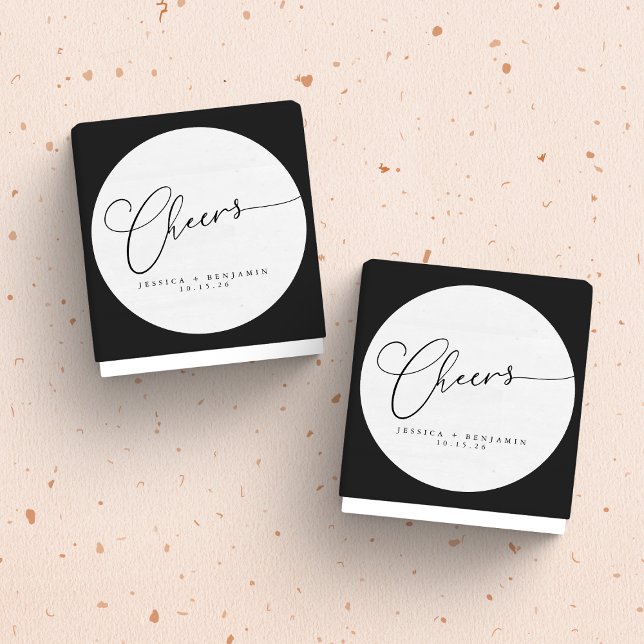 Cheers Minimal Black White Script Custom Wedding  Classic Round Sticker (Creator Uploaded)