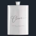 Cheers Minimal Black White Script Custom Wedding Hip Flask<br><div class="desc">Cheers Minimalist Black White Script Custom Wedding Flask</div>
