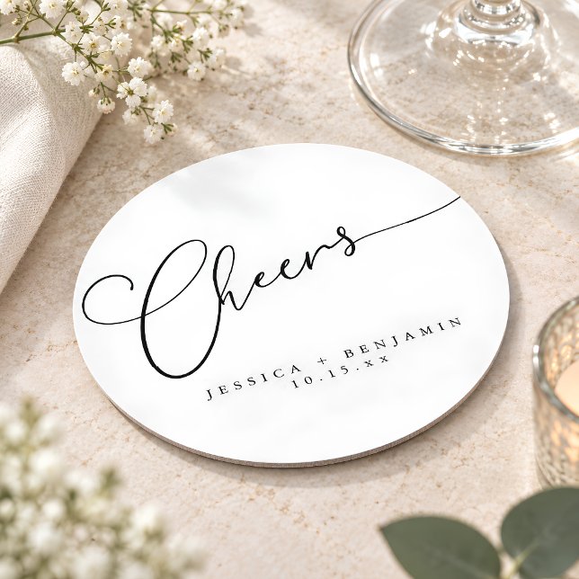 Cheers Minimal Black White Script Custom Wedding Round Paper Coaster (Creator Uploaded)