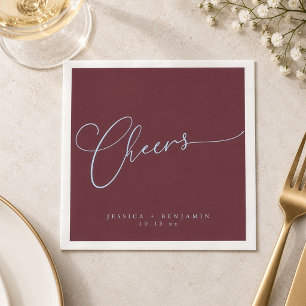 Cheers Minimal Burgundy Blue Script Custom Wedding Napkin