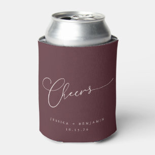 Cheers Minimal Burgundy Script Custom Wedding Can Cooler
