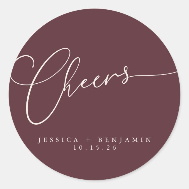 Cheers Minimal Burgundy Script Custom Wedding Classic Round Sticker (Front)