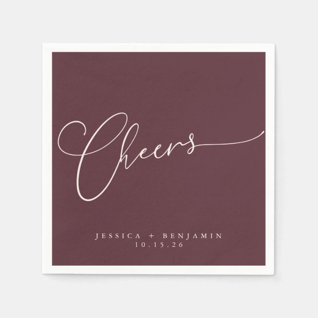 Cheers Minimal Burgundy Script Custom Wedding Napkin (Front)