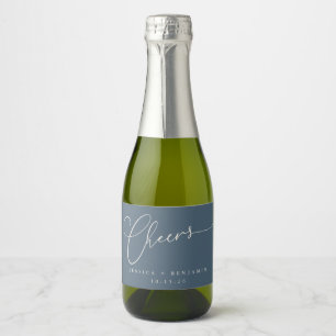 Cheers Minimal Dark Blue Script Custom Wedding Sparkling Wine Label