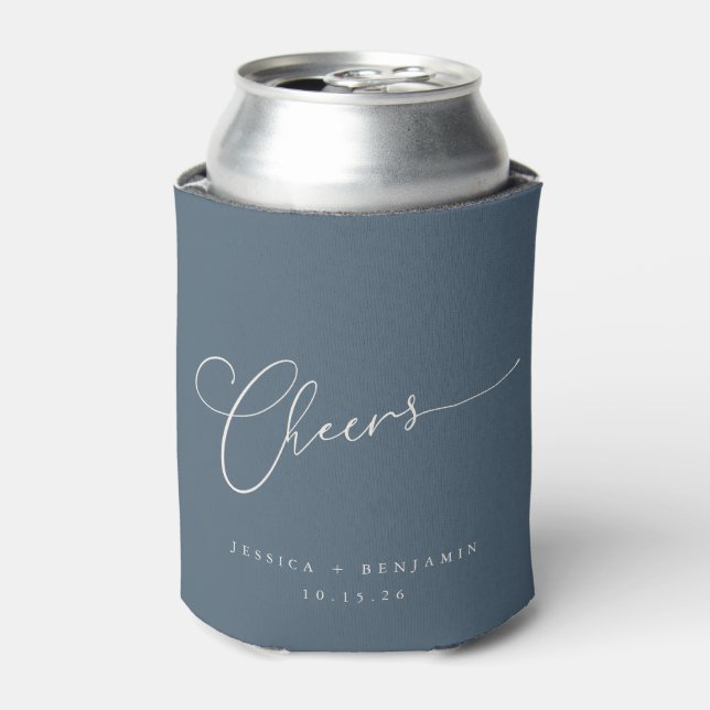 Cheers Minimal Dusky Blue Script Custom Wedding   Can Cooler (Can Front)