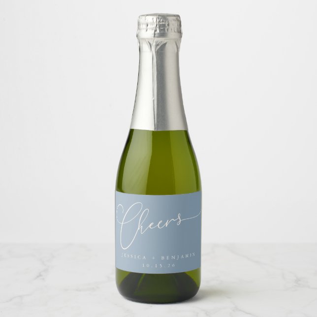 Cheers Minimal Dusty Blue Script Custom Wedding  Sparkling Wine Label (Front)